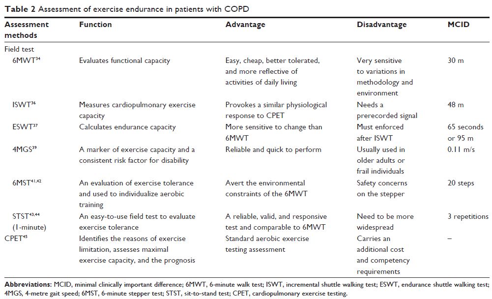 Table 2 Assessment of exercise endurance in patients with COPD
