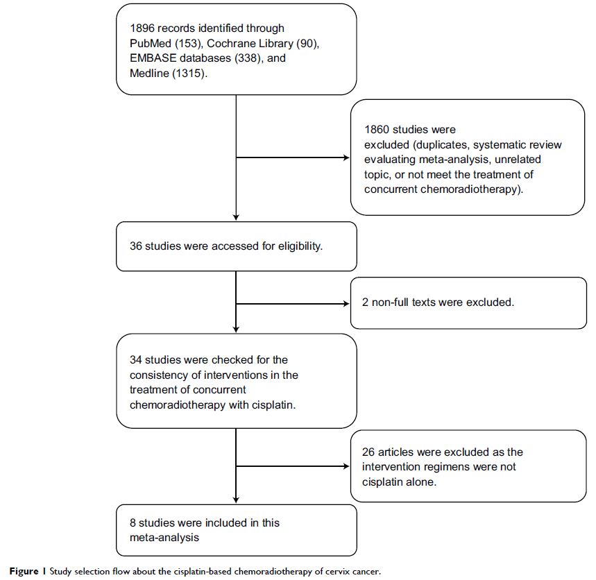 Figure 1 Study selection flow about the cisplatin-based chemoradiotherapy of cervix cancer.