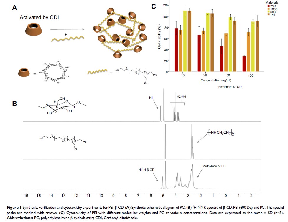 Figure 1 Synthesis, verification and cytotoxicity experiments for PEI-β-CD...