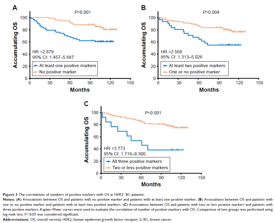 Figure 3 The correlations of numbers of positive markers with OS in HER2+ BC patients.