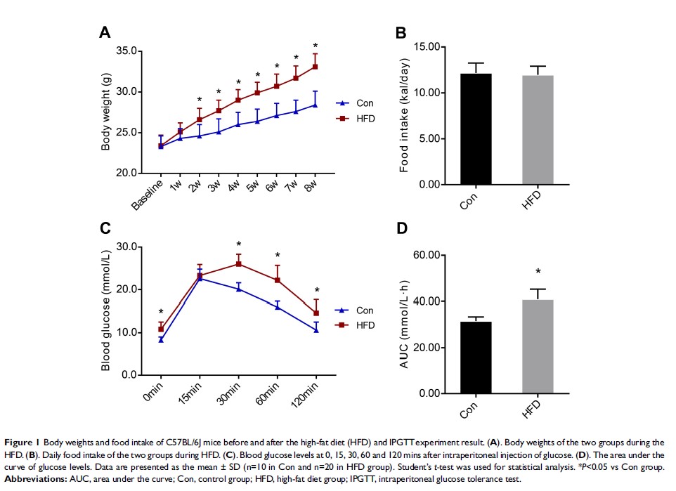Figure 1 Body weights and food intake of C57BL/6J mice before and after the high-fat diet (HFD) and... Figure 1 Body weights and food intake of C57BL/6J mice before and after the high-fat diet (HFD) and...